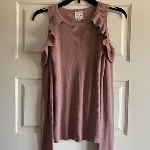 Open Shoulder Ruffled & Ribbed Sweater